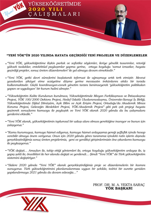 YÖK Yeni YÖK'ün 2020 Projeleri ve Düzenlemeleri